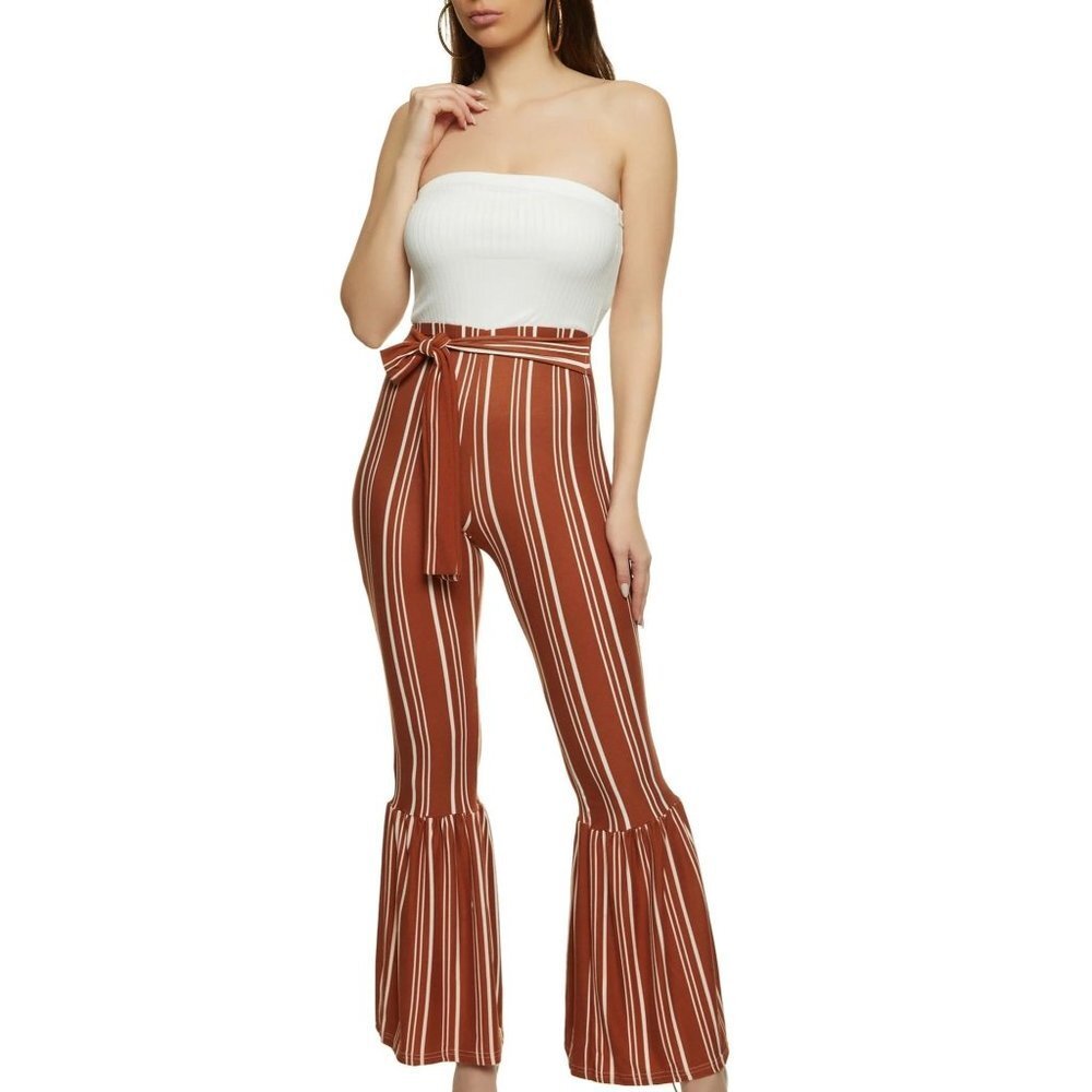NWT Jolie & Joy Strapless Striped Print Flare Leg‎ Jumpsuit - Brown Size Large